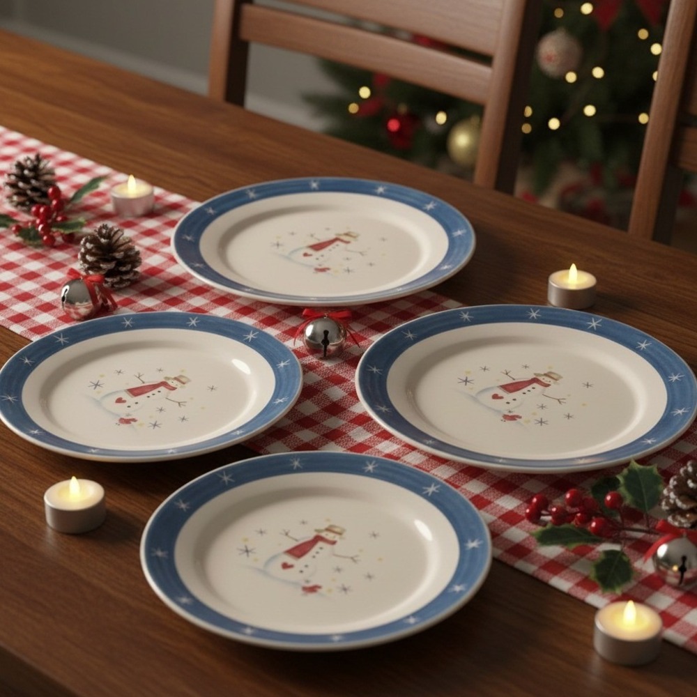 Holiday Home Snowman Salad Plates, Set of 4, Vintage Ceramic Christmas China